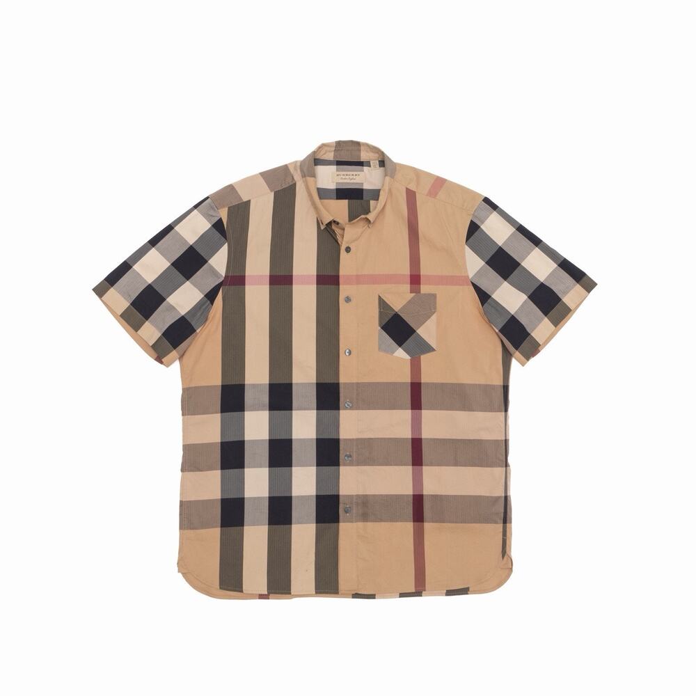 Burberry Men’s Mega Nova Check Short Sleeve Button Down Shirt Beige Size : XXL